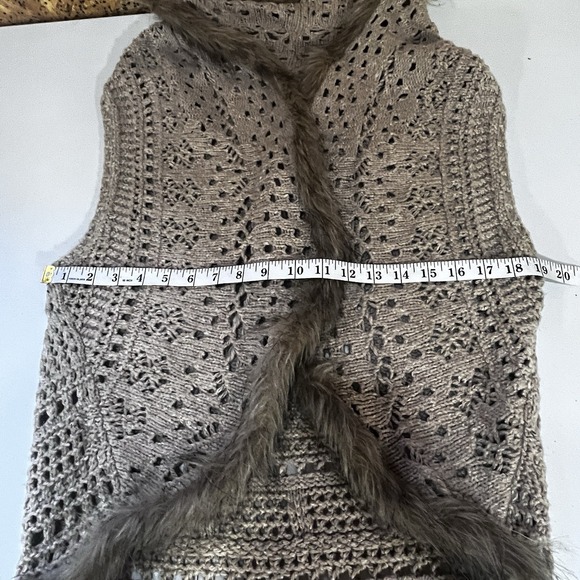 Crochet Vest Sz L Wool Blend Faux Fur Trim Mid-Length Hippie Boho Rustic Casual - Picture 12 of 13